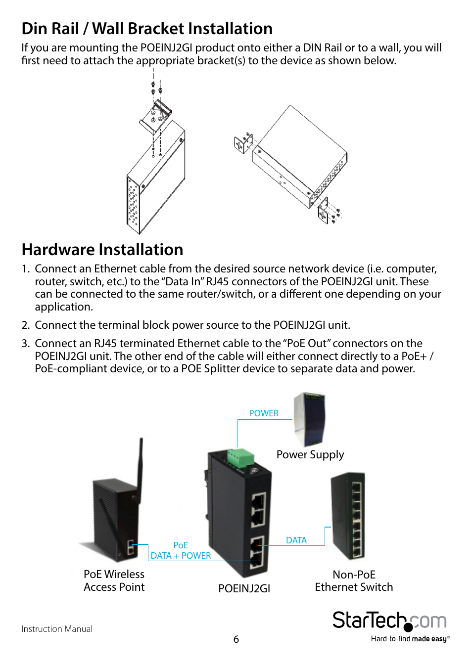 Din rail / wall bracket installation, Hardware installation | StarTech.com POEINJ2GI User Manual | Page 8 / 11