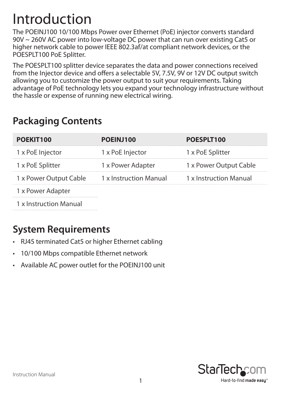 Introduction, Packaging contents, System requirements | StarTech.com POEINJ100 User Manual | Page 4 / 10