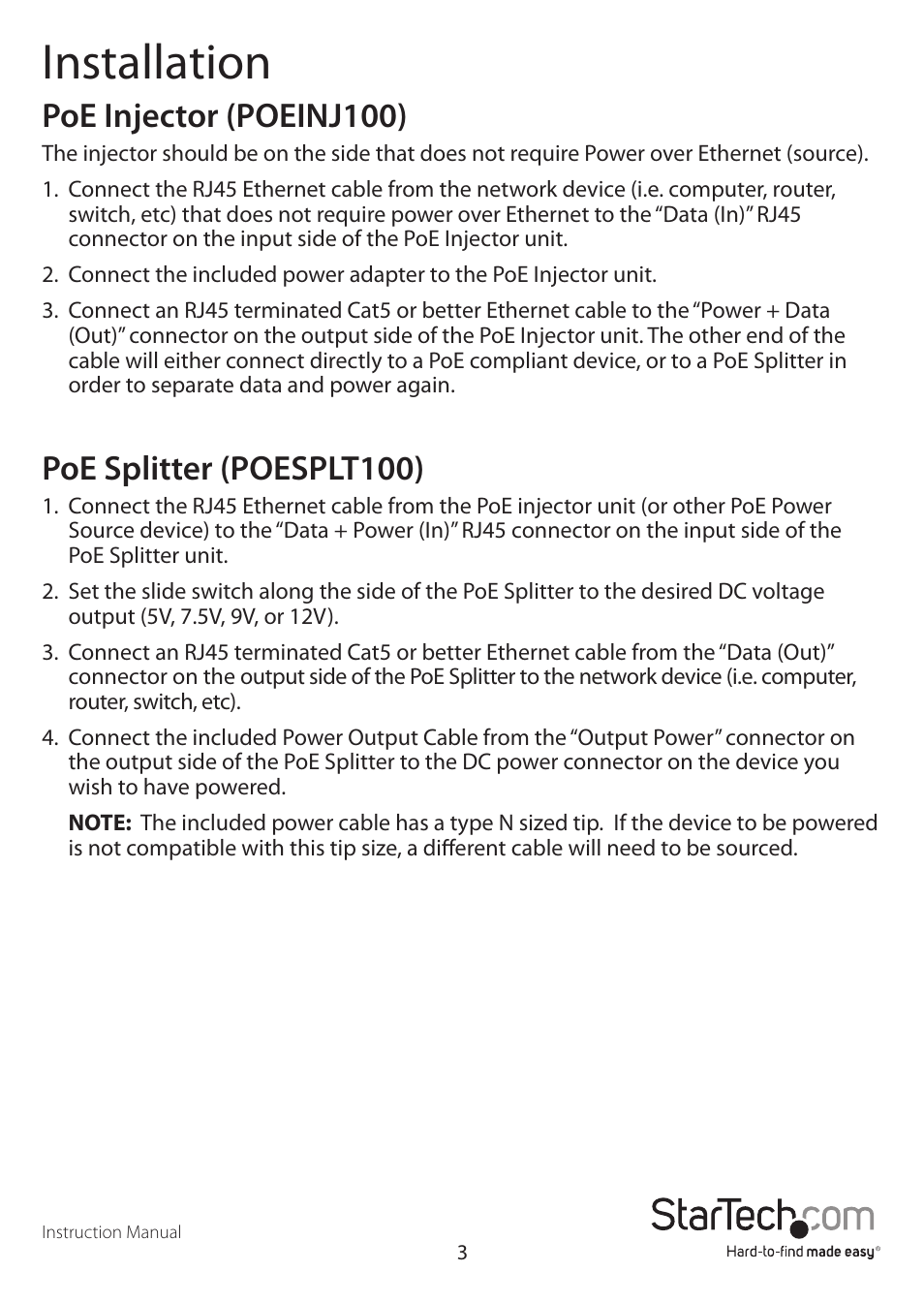 Installation, Poe injector (poeinj100), Poe splitter (poesplt100) | StarTech.com POEINJ100 User Manual | Page 6 / 10