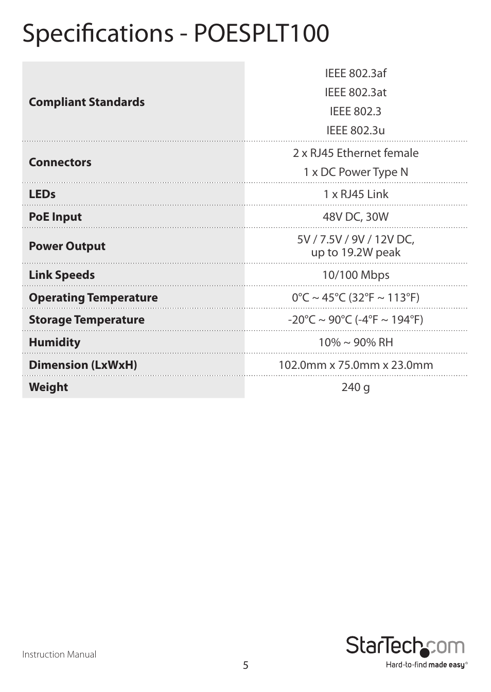 Specifications - poesplt100 | StarTech.com POEINJ100 User Manual | Page 8 / 10