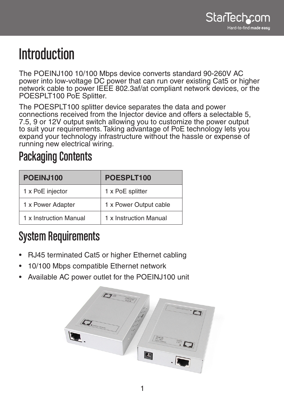 Introduction, Packaging contents, System requirements | StarTech.com POESPLT100 User Manual | Page 4 / 10