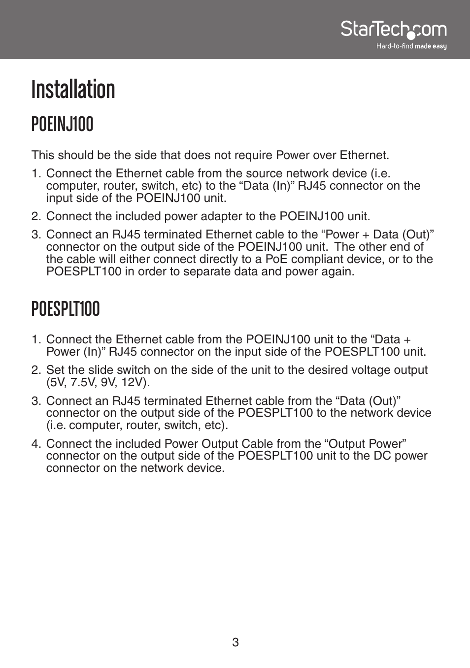 Installation, Poeinj100, Poesplt100 | StarTech.com POESPLT100 User Manual | Page 6 / 10