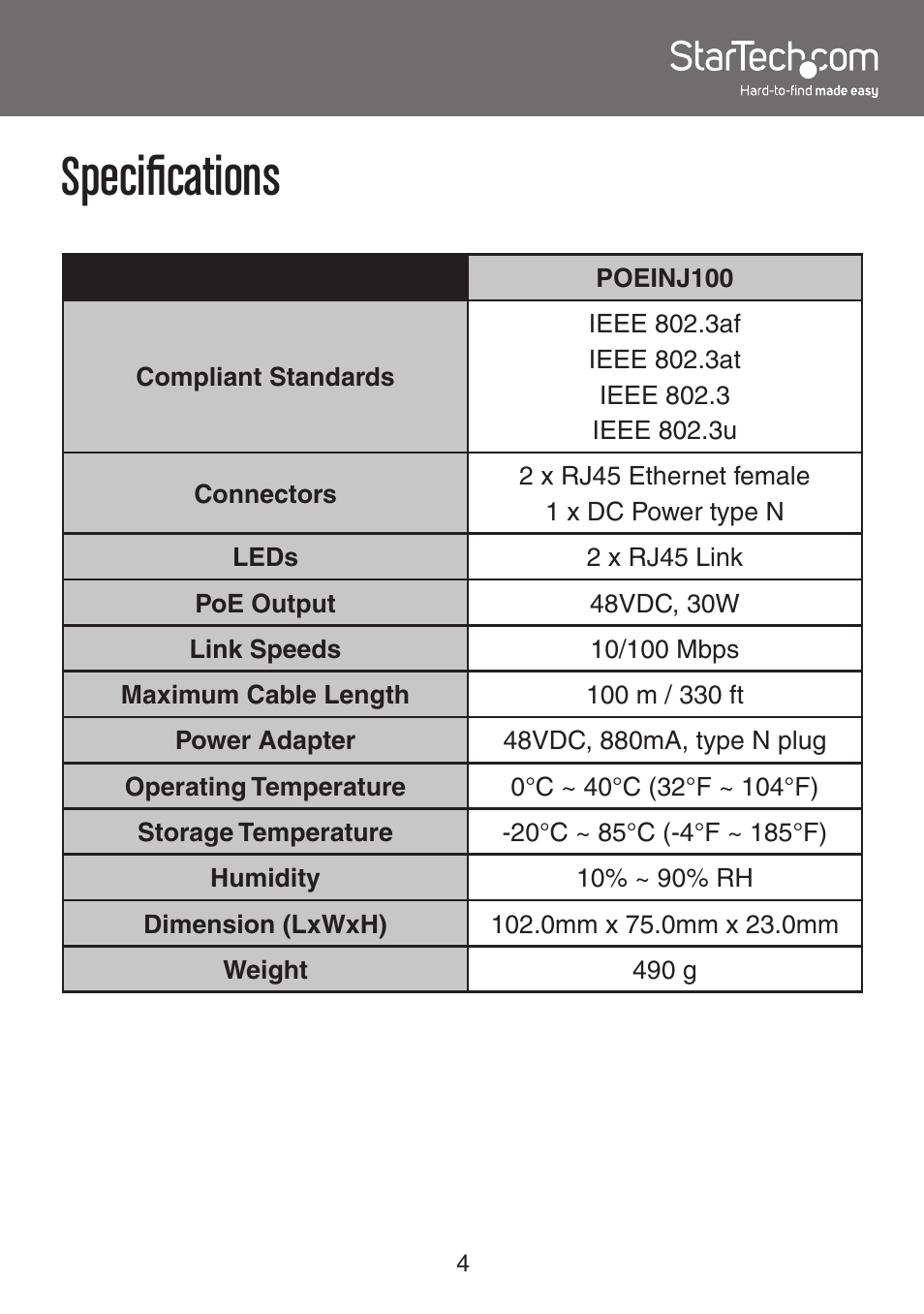 Specifications | StarTech.com POESPLT100 User Manual | Page 7 / 10