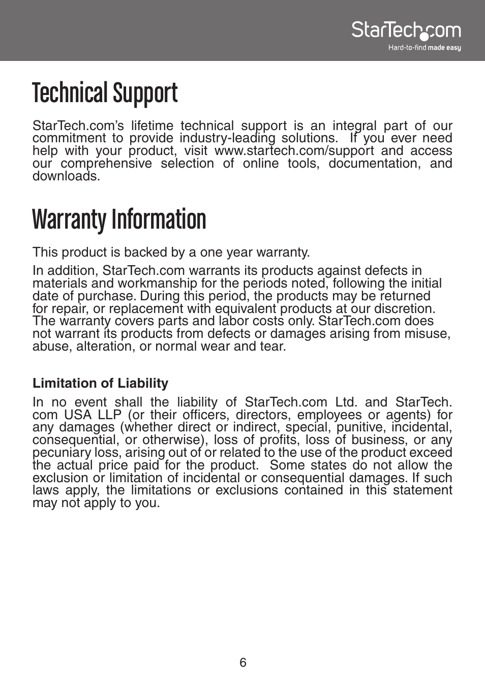 Technical support, Warranty information | StarTech.com POESPLT100 User Manual | Page 9 / 10