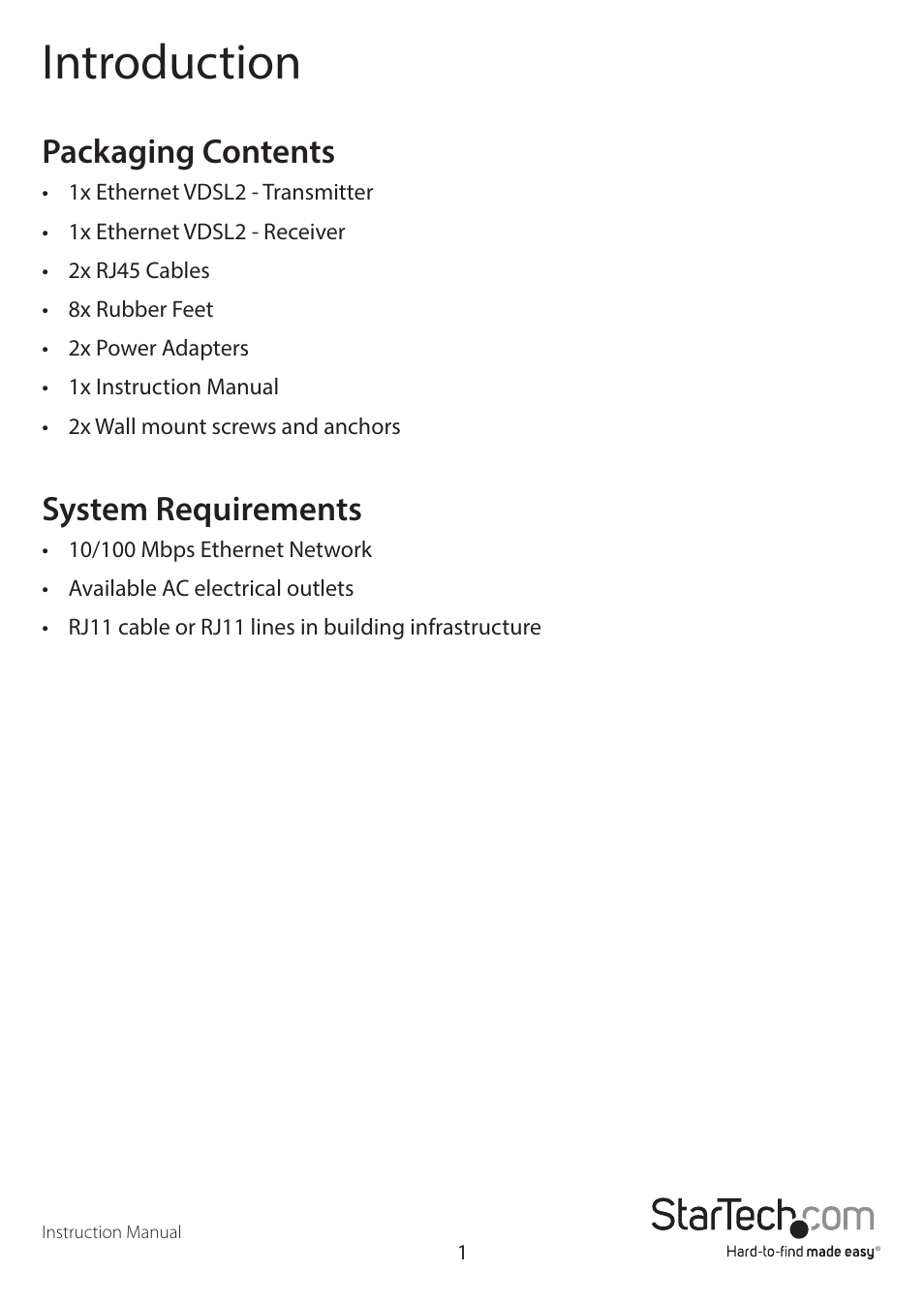 Introduction, Packaging contents, System requirements | StarTech.com 110VDSLEX2EU User Manual | Page 4 / 11