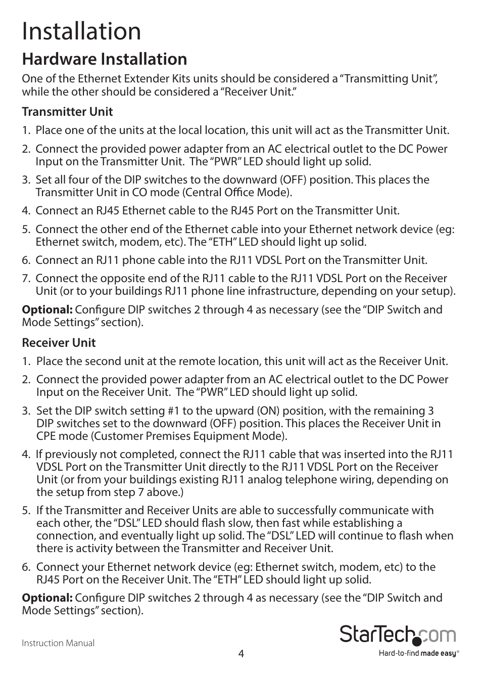 Installation, Hardware installation | StarTech.com 110VDSLEX2EU User Manual | Page 7 / 11