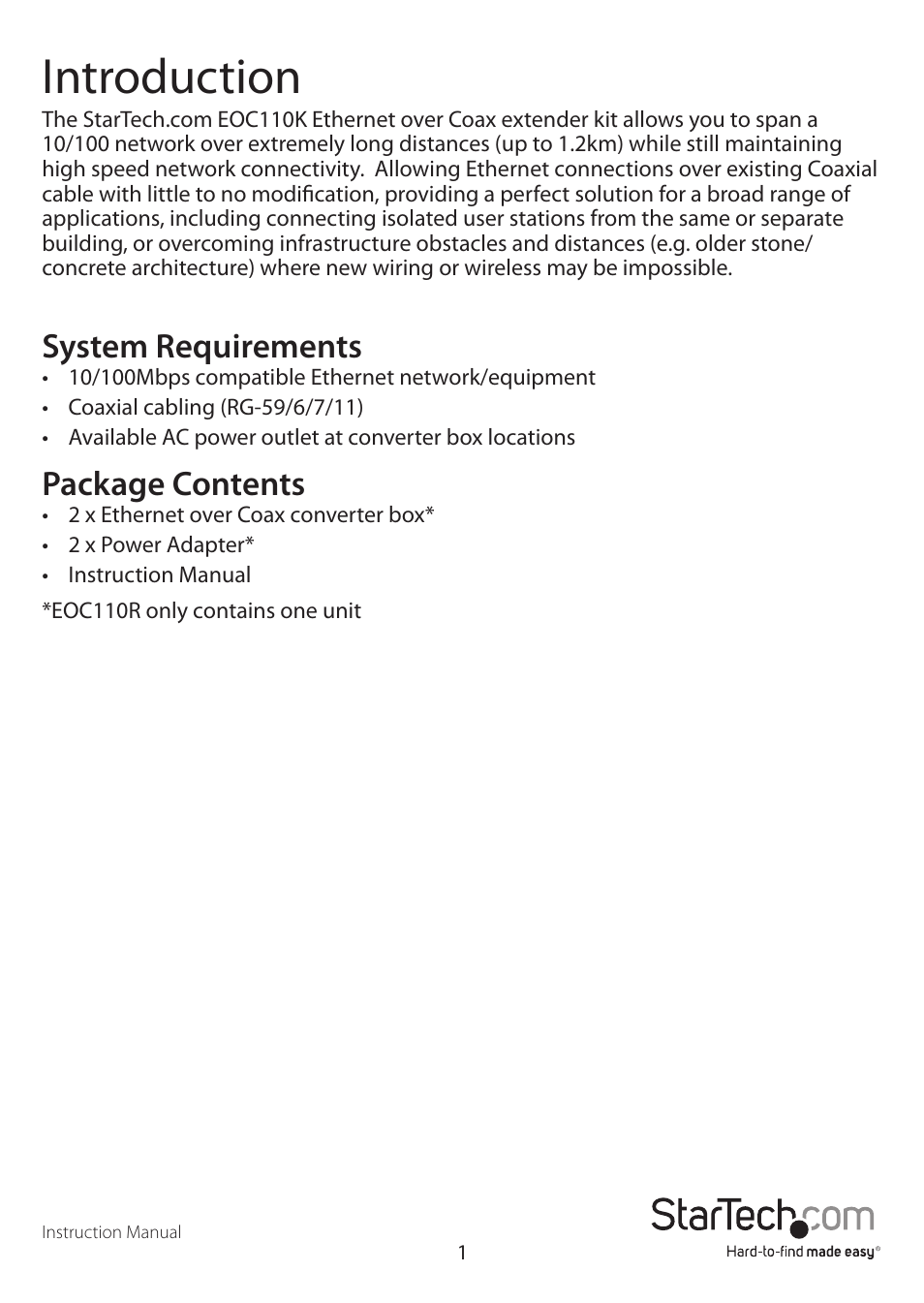 Introduction, System requirements, Package contents | StarTech.com EOC110R User Manual | Page 4 / 10