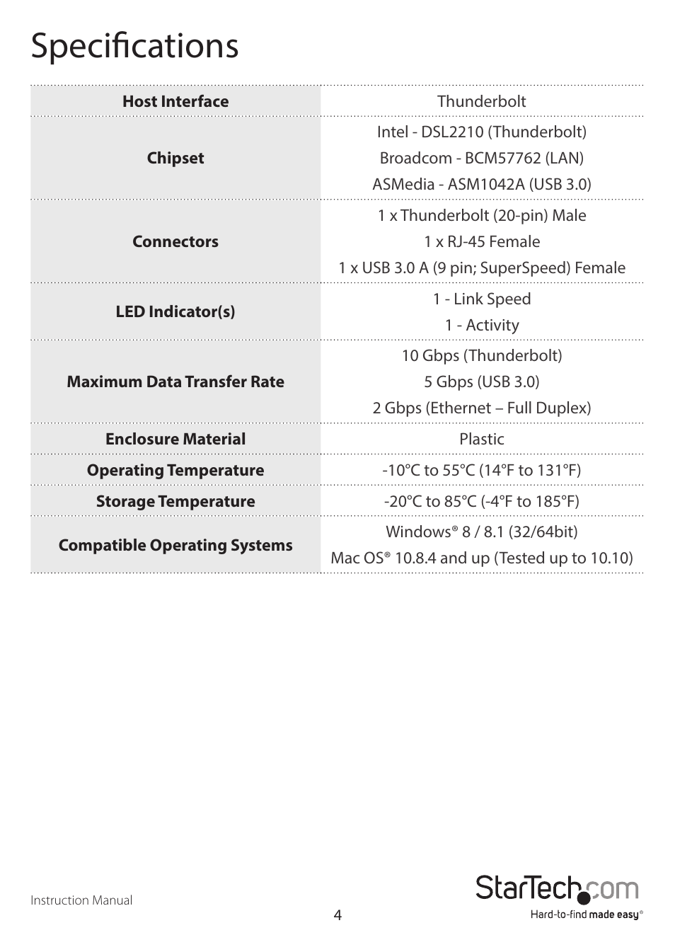 Specifications | StarTech.com TB2USB3GE User Manual | Page 7 / 9