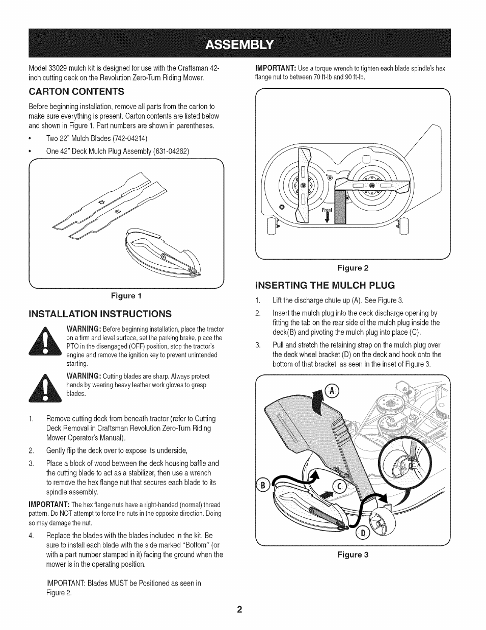 Carton contents, Installation instructions, Inserting the mulch plug | Assembly | Craftsman 33029 User Manual | Page 2 / 4