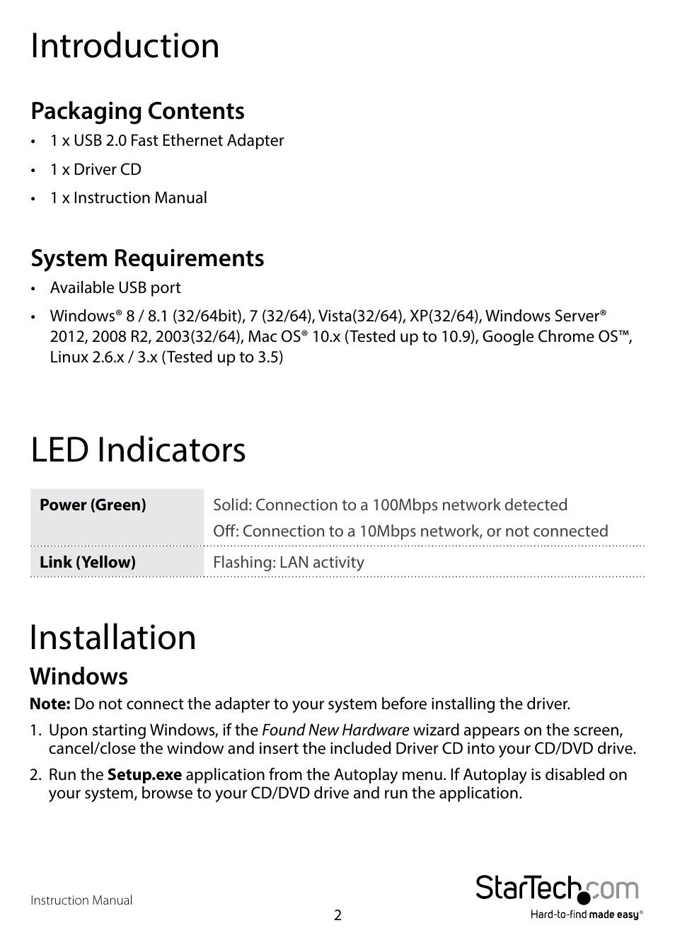 Introduction, Packaging contents, System requirements | Led indicators, Installation, Windows, Packaging contents system requirements | StarTech.com USB2100 User Manual | Page 4 / 9