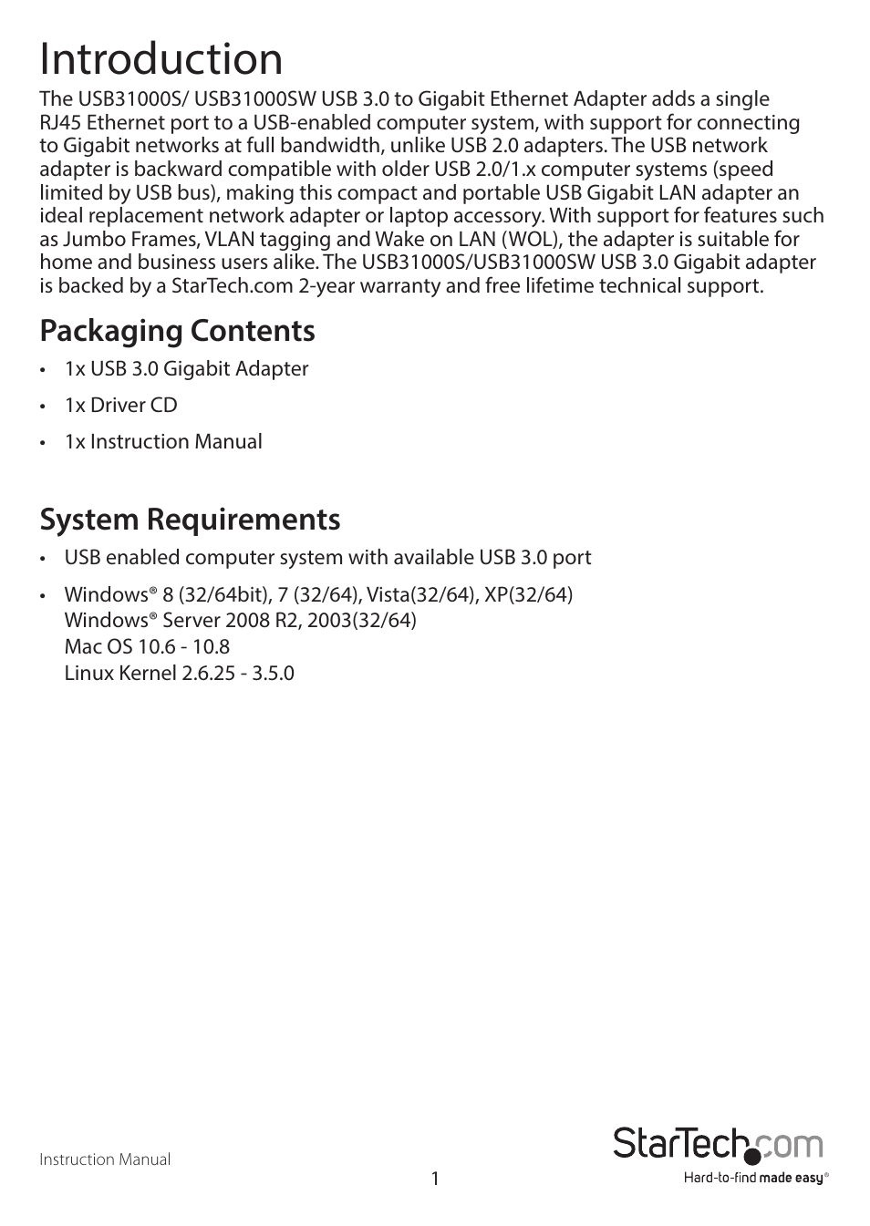 Introduction, Packaging contents, System requirements | StarTech.com USB31000SW User Manual | Page 4 / 10