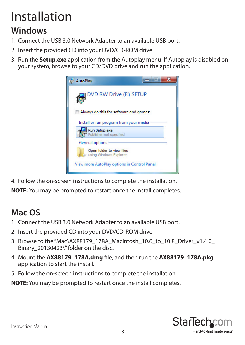 Installation, Windows, Mac os | StarTech.com USB31000SW User Manual | Page 6 / 10