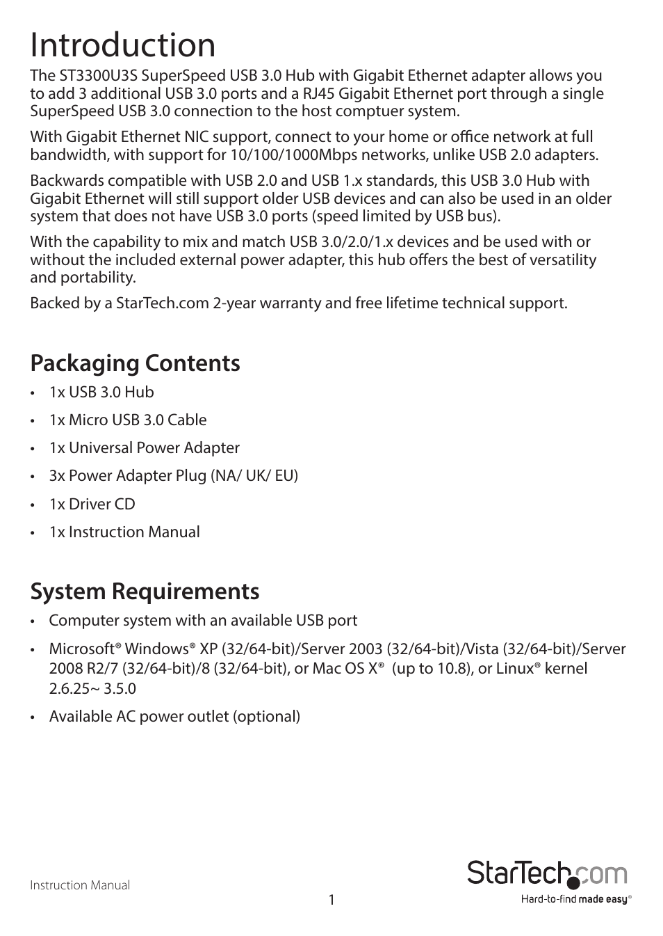 Introduction, Packaging contents, System requirements | StarTech.com ST3300U3S User Manual | Page 4 / 10
