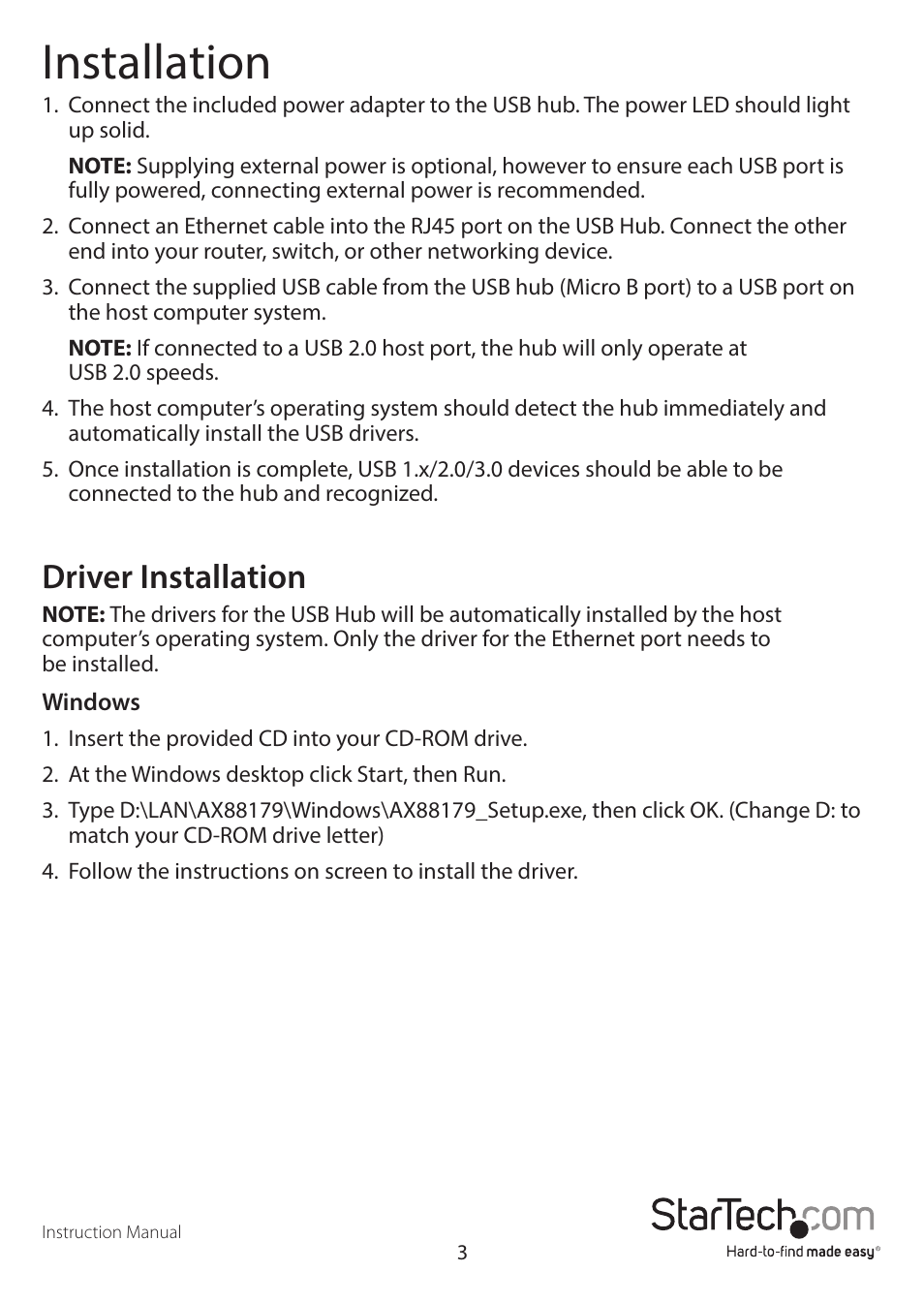 Installation, Driver installation | StarTech.com ST3300U3S User Manual | Page 6 / 10