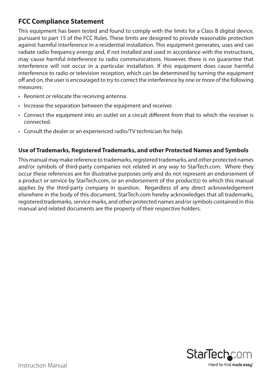 Fcc compliance statement | StarTech.com EC2000S User Manual | Page 2 / 8