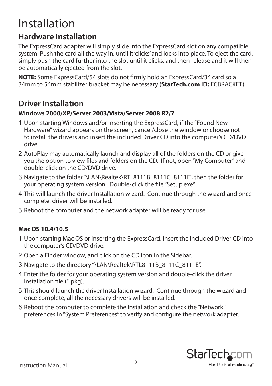 Installation, Hardware installation, Driver installation | StarTech.com EC2000S User Manual | Page 5 / 8