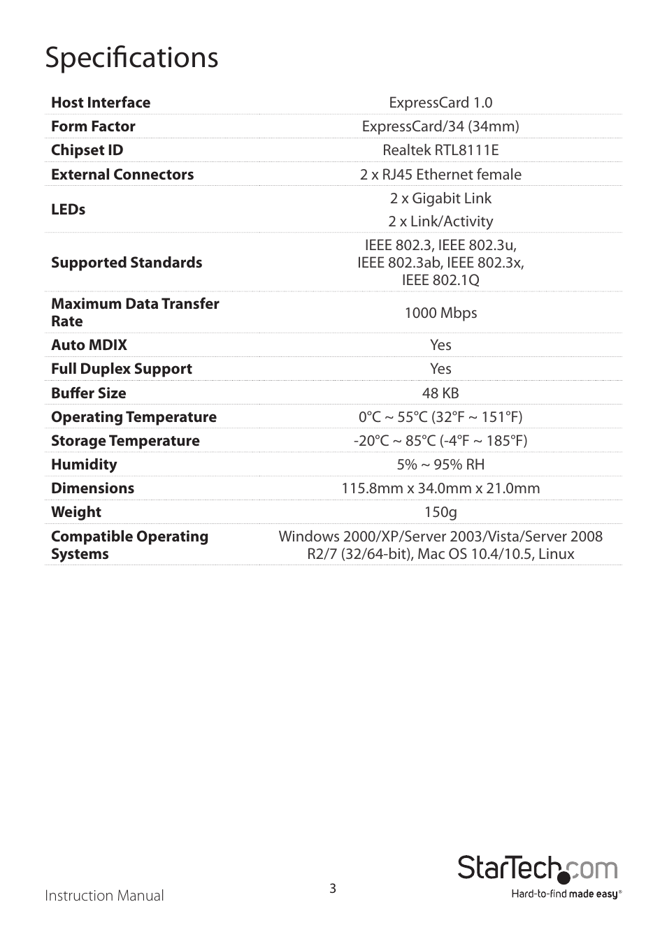 Specifications | StarTech.com EC2000S User Manual | Page 6 / 8