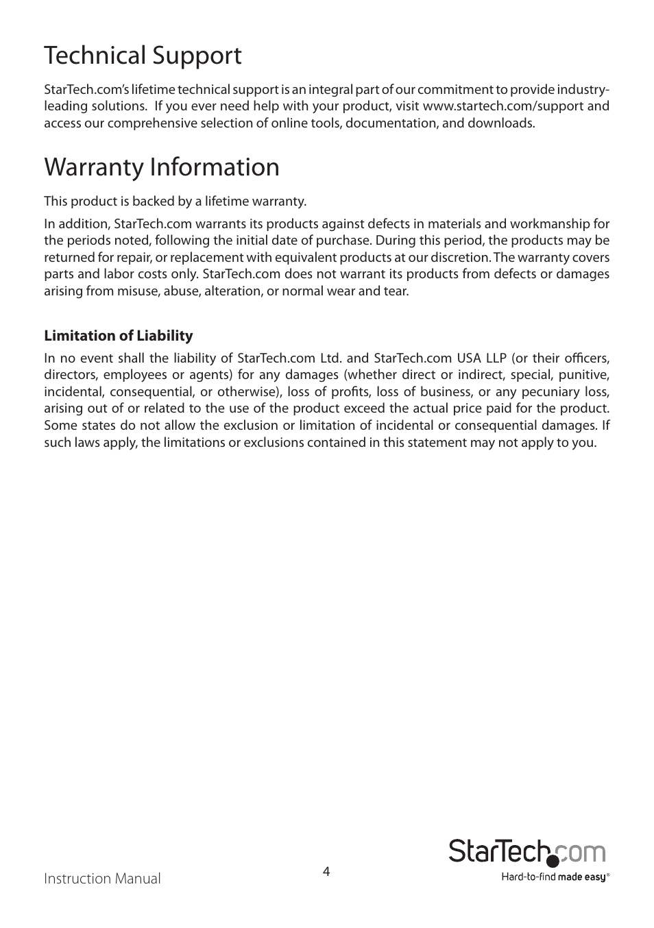 Technical support, Warranty information | StarTech.com EC2000S User Manual | Page 7 / 8