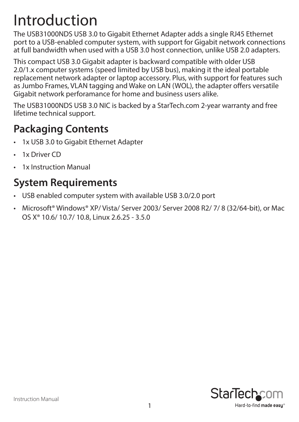 Introduction, Packaging contents, System requirements | StarTech.com USB31000NDS User Manual | Page 4 / 10