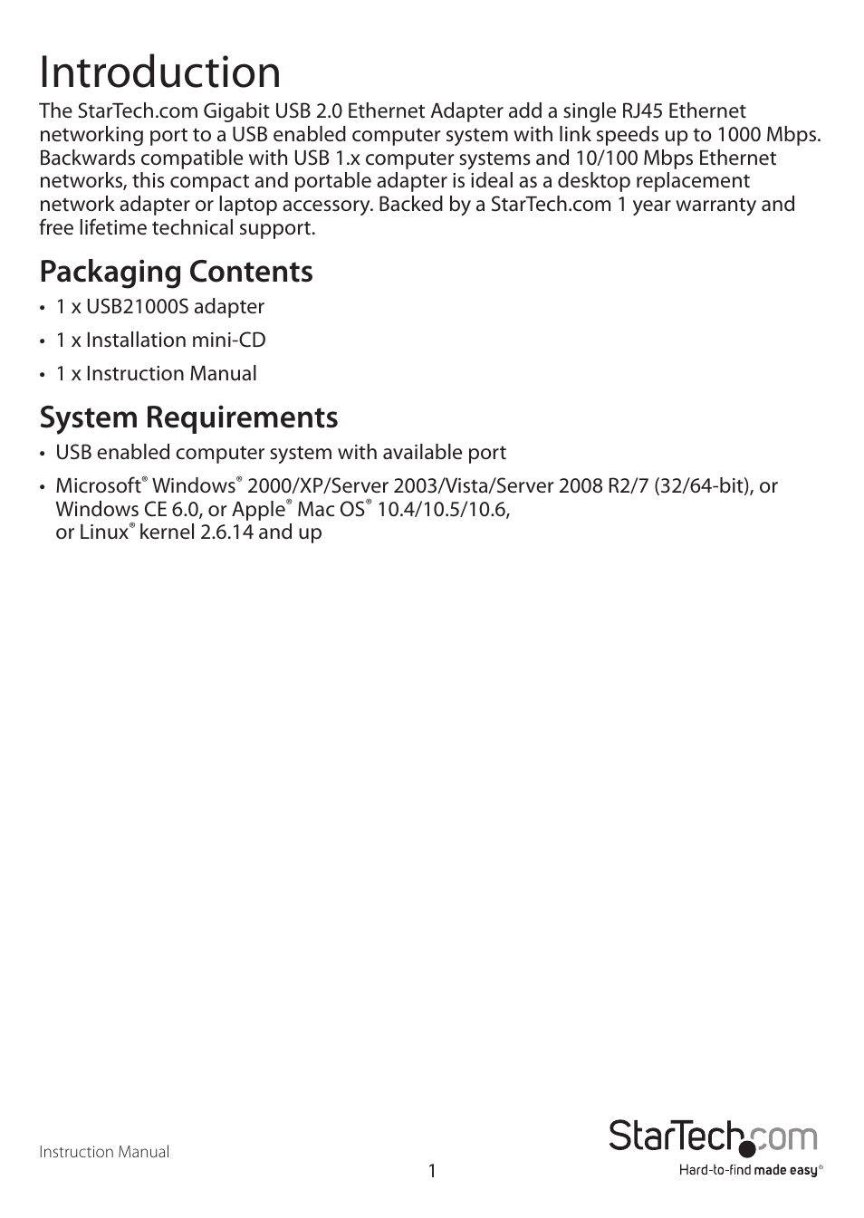 Introduction, Packaging contents, System requirements | StarTech.com USB21000S User Manual | Page 4 / 9