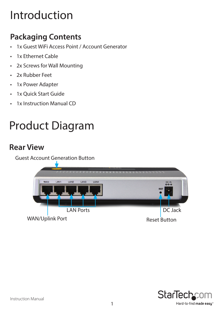 Introduction, Product diagram, Packaging contents | Rear view | StarTech.com R300WN22GAEU User Manual | Page 5 / 11