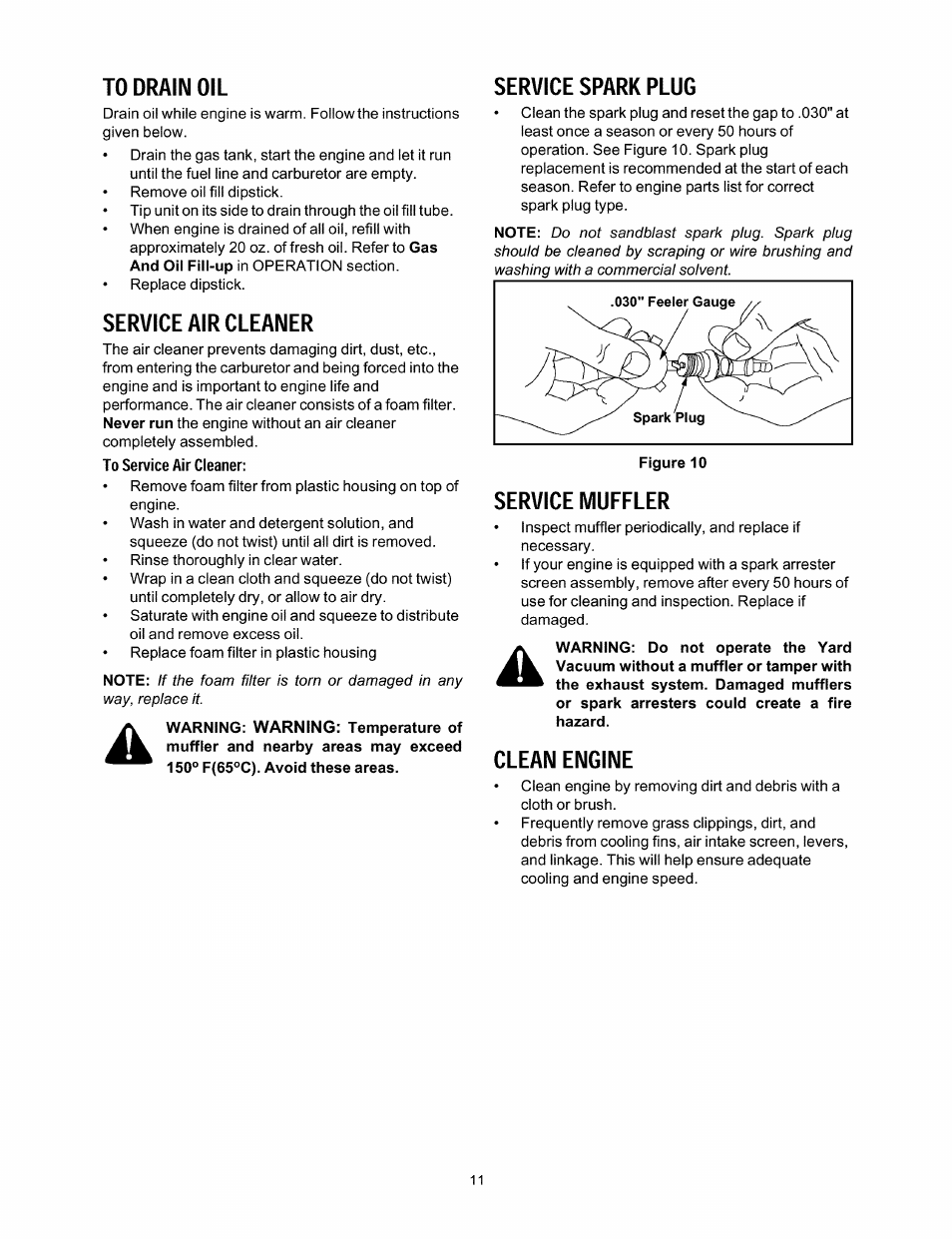 To drain oil, Service air cleaner, Service spark plug | Service muffler, Clean engine | Craftsman 247.770110 User Manual | Page 11 / 40