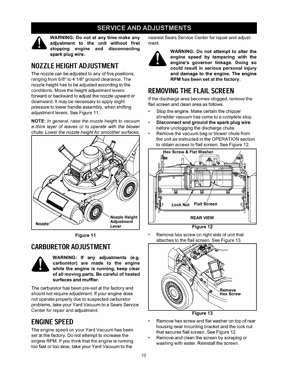 Nozzle height adjustment, Carburetor adjustment, Engine speed | Removing the flail screen, Service and adjustments | Craftsman 247.770110 User Manual | Page 12 / 40