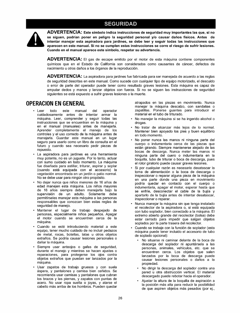 Seguridad, Operacion en general | Craftsman 247.770110 User Manual | Page 26 / 40