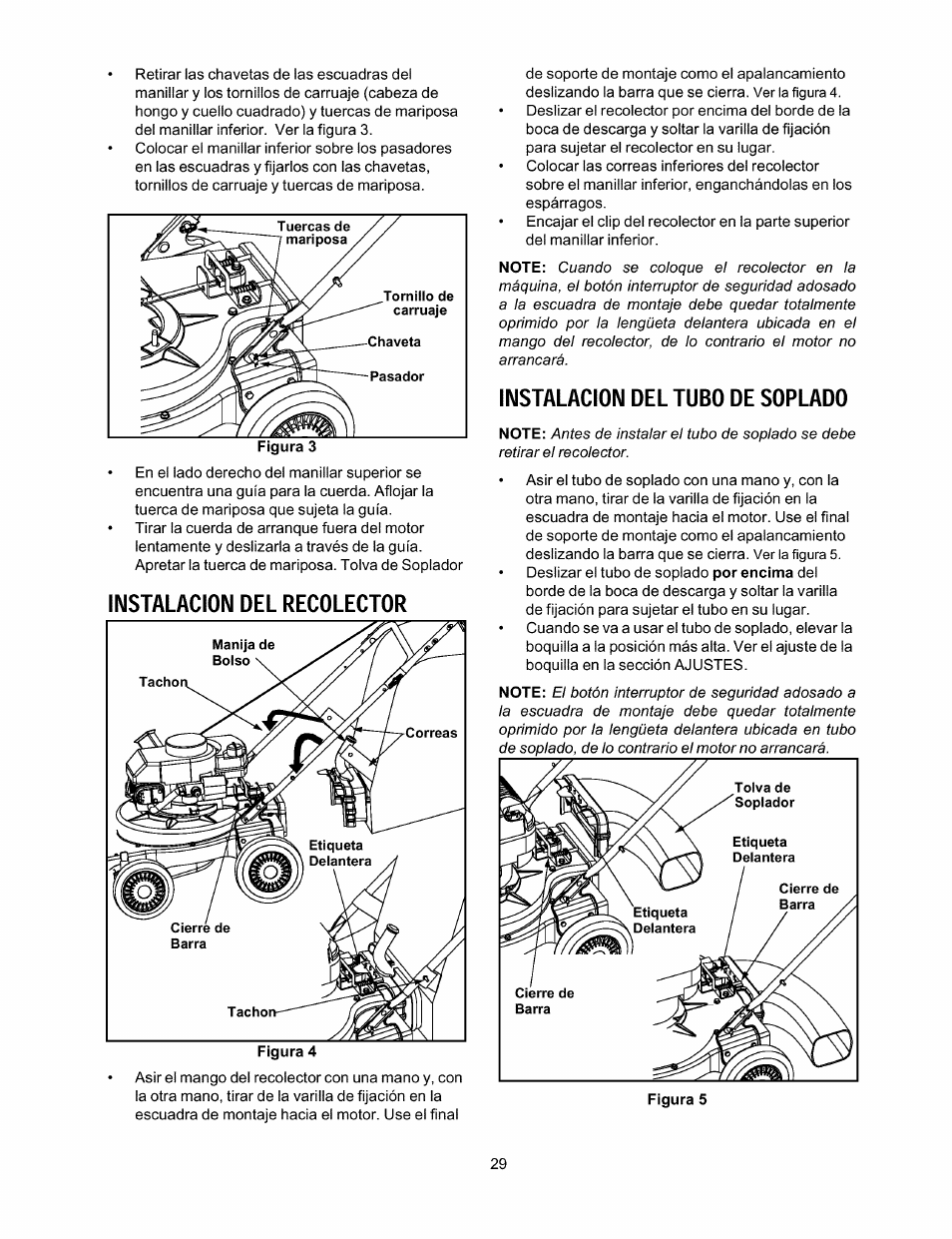 Instalacion del recolector, Instalacion del tubo de soplado | Craftsman 247.770110 User Manual | Page 29 / 40