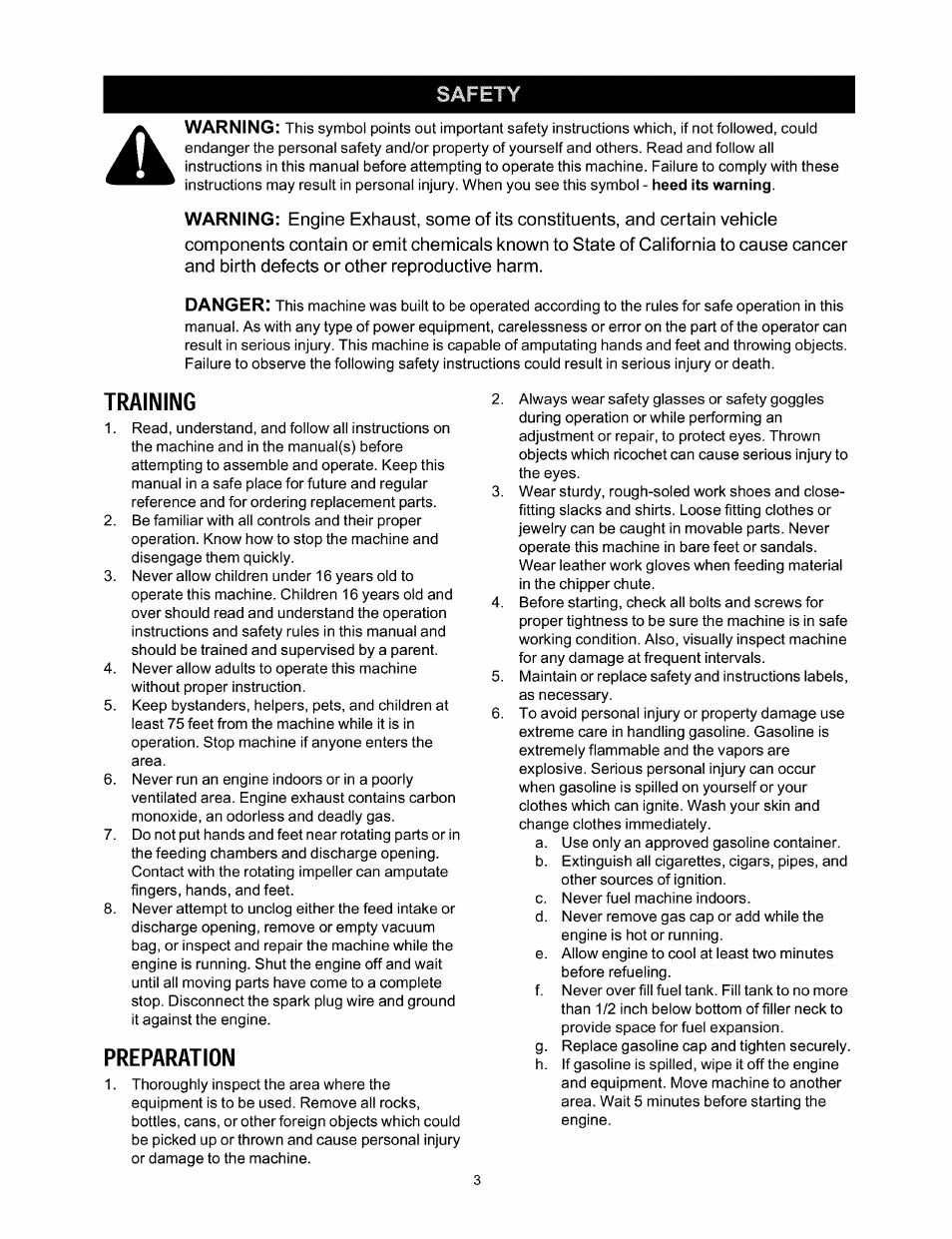Training, Preparation, Safety | Warning, Danger | Craftsman 247.770110 User Manual | Page 3 / 40