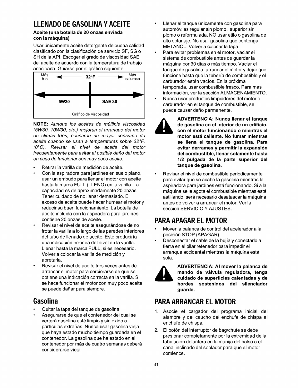 Llenado de gasolina y aceite, Gasolina, Para apagar el motor | Para arrancar el motor | Craftsman 247.770110 User Manual | Page 31 / 40