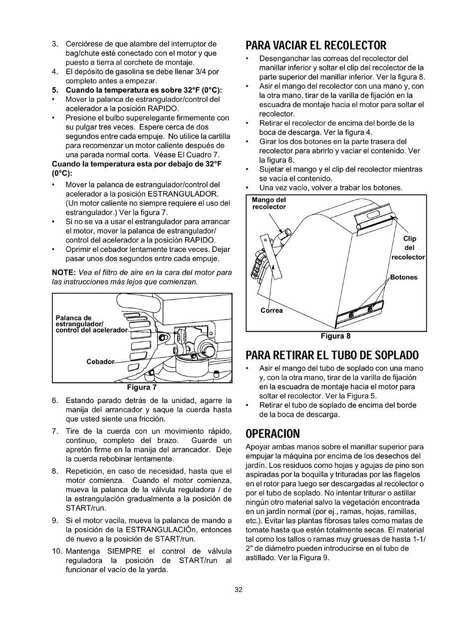 Para vaciar el recolector, Para retirar el tubo de soplado, Operacion | Craftsman 247.770110 User Manual | Page 32 / 40