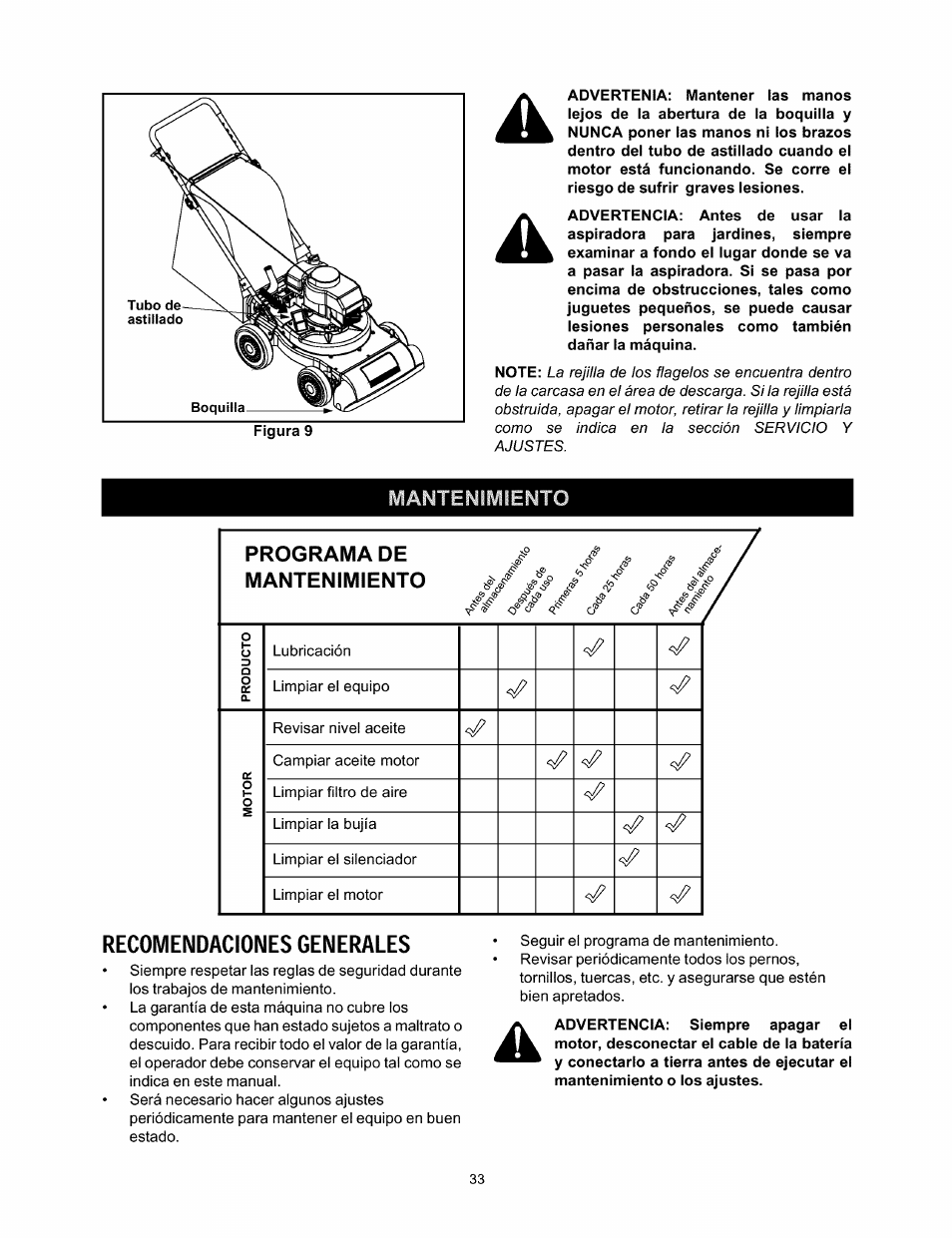 Recomendaciones generales, Programa de mantenimiento | Craftsman 247.770110 User Manual | Page 33 / 40