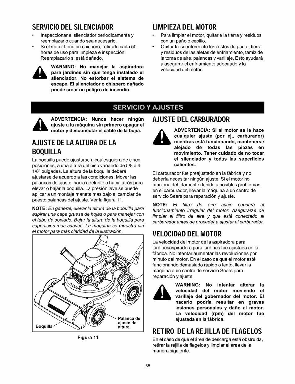 Servicio del silenciador, Limpieza del motor, Ajuste de la altura de la boquilla | Ajuste del carburador, Velocidad del motor, Retiro de la rejilla de flagelos | Craftsman 247.770110 User Manual | Page 35 / 40