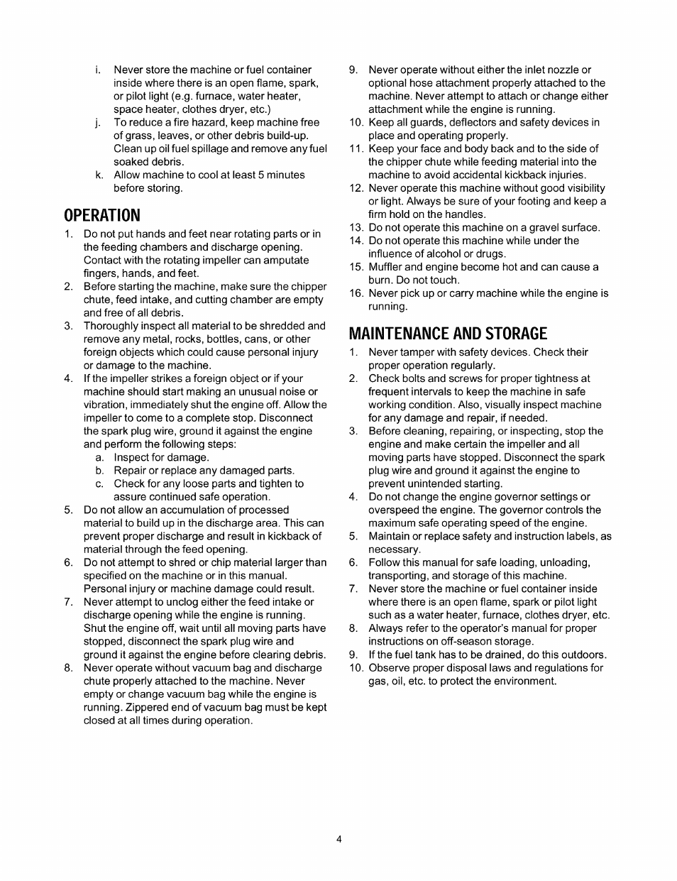 Operation, Maintenance and storage | Craftsman 247.770110 User Manual | Page 4 / 40