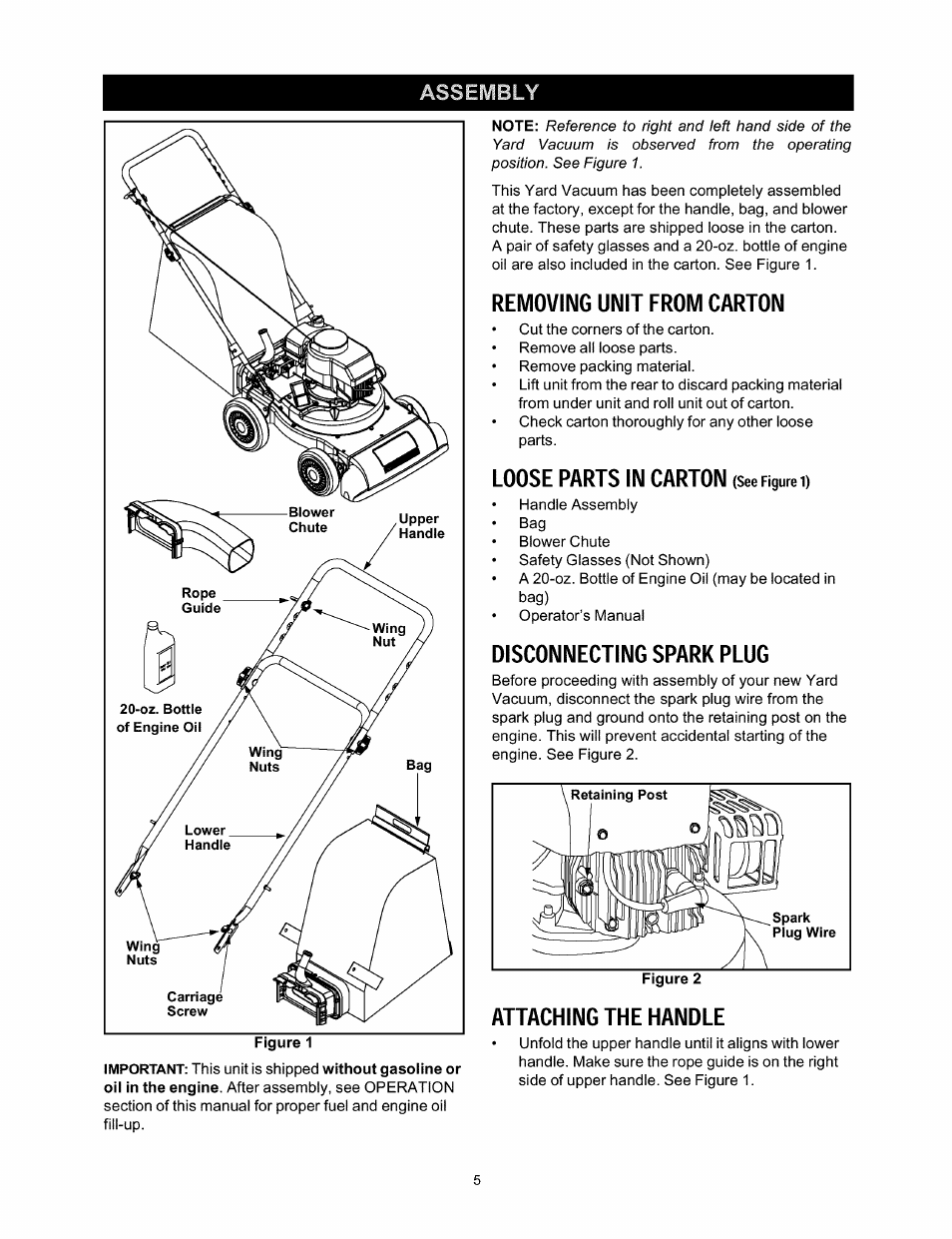 Removing unit from carton, Loose parts in carton (seefigure 1), Disconnecting spark plug | Attaching the handle, Assembly, Loose parts in carton | Craftsman 247.770110 User Manual | Page 5 / 40