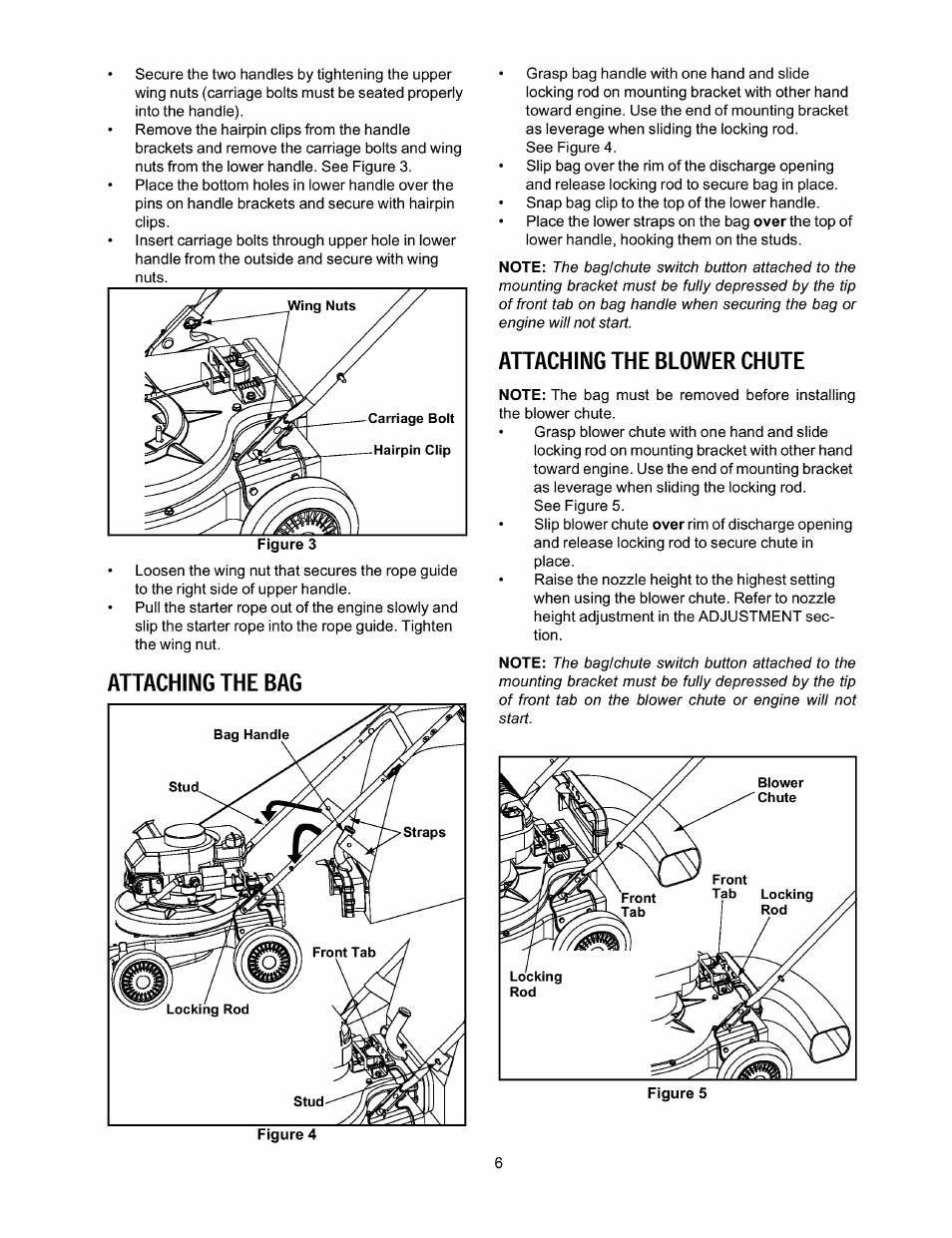 Attaching the bag, Attaching the blower chute | Craftsman 247.770110 User Manual | Page 6 / 40