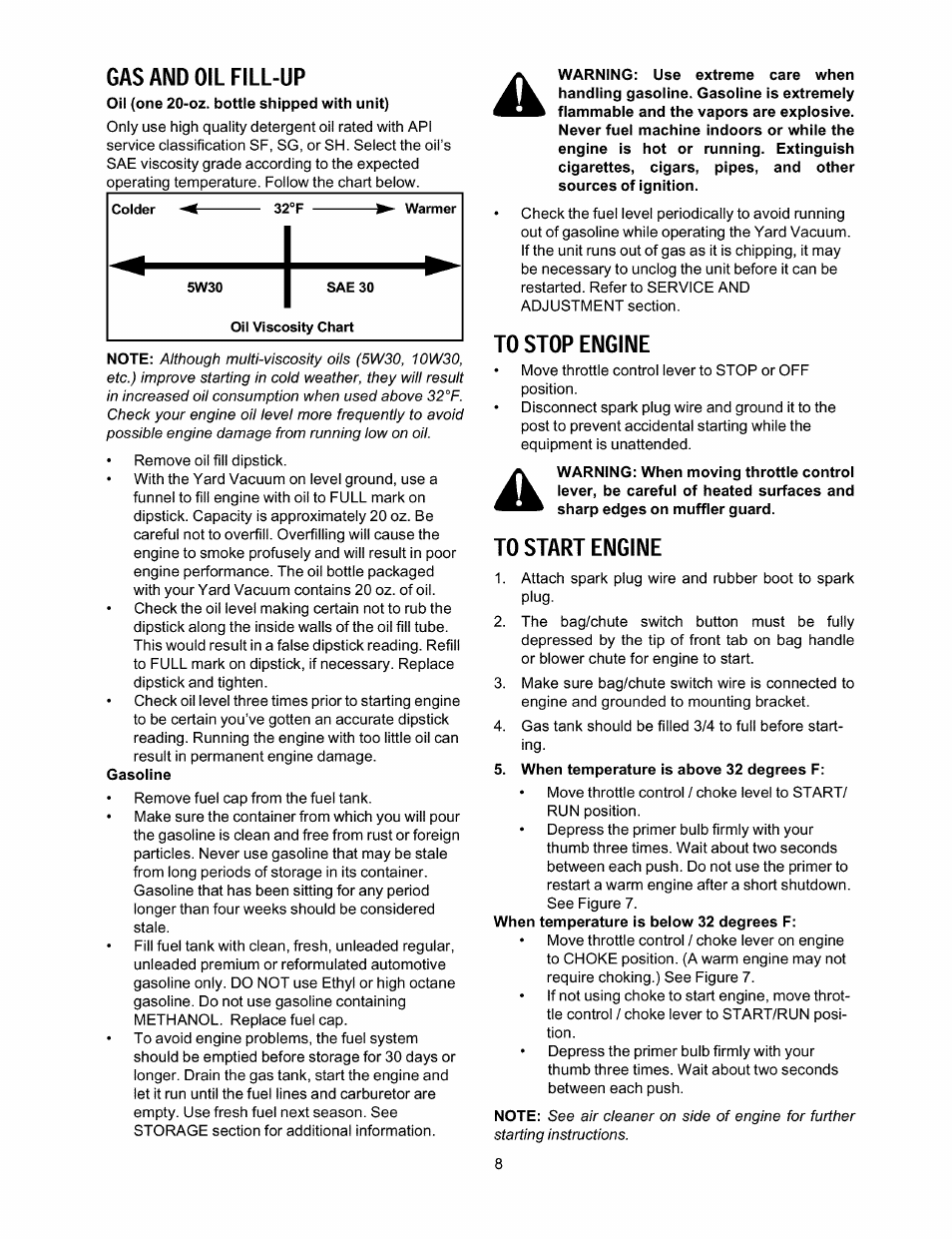 Gas änd oil fill-up, To stop engine, To start engine | Craftsman 247.770110 User Manual | Page 8 / 40