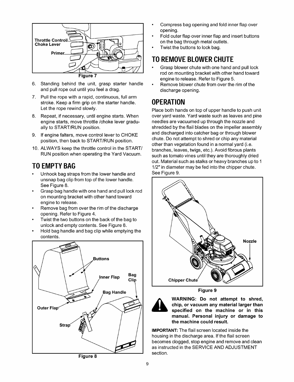 To empty bag, To remove blower chute, Operation | Craftsman 247.770110 User Manual | Page 9 / 40