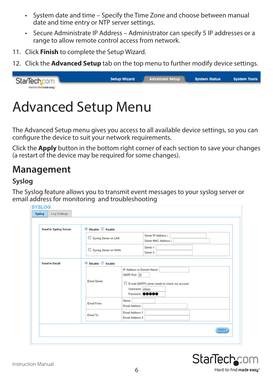Advanced setup menu, Management | StarTech.com R300WN22GAxx Full User Manual | Page 11 / 61