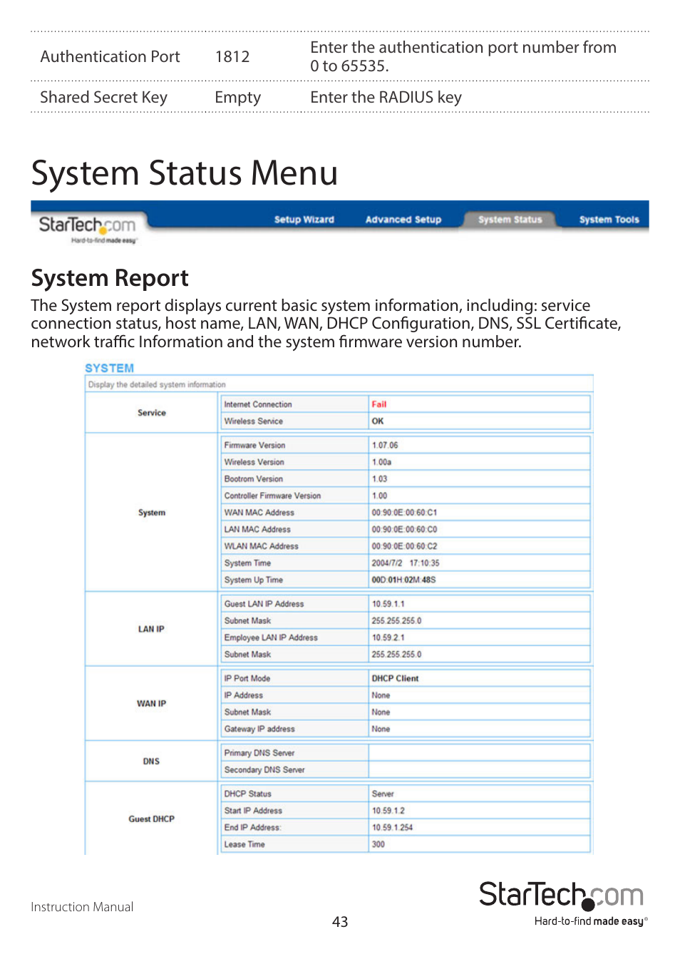 System status menu, System report | StarTech.com R300WN22GAxx Full User Manual | Page 48 / 61