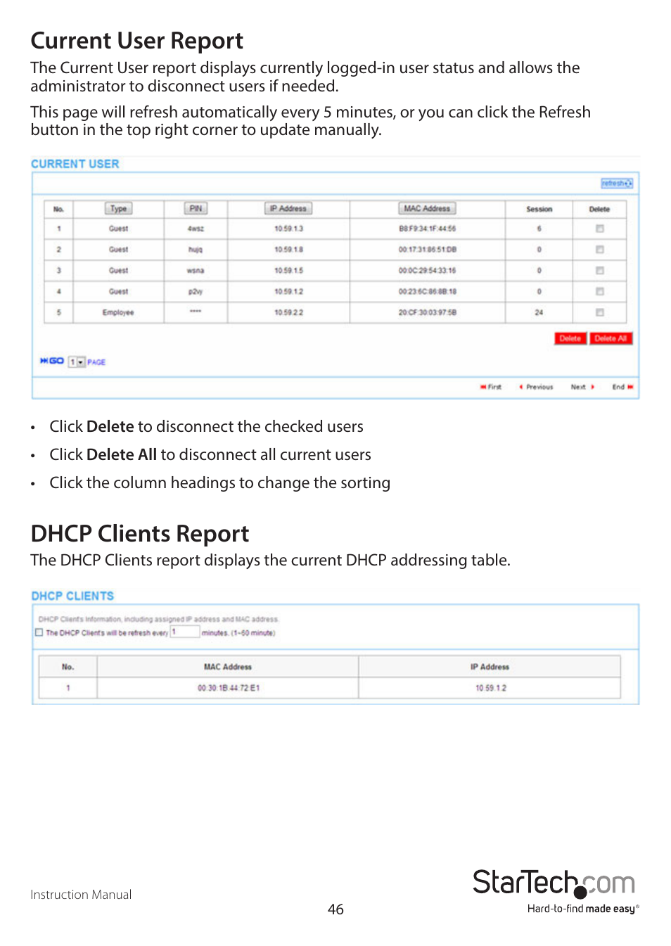 Current user report, Dhcp clients report | StarTech.com R300WN22GAxx Full User Manual | Page 51 / 61