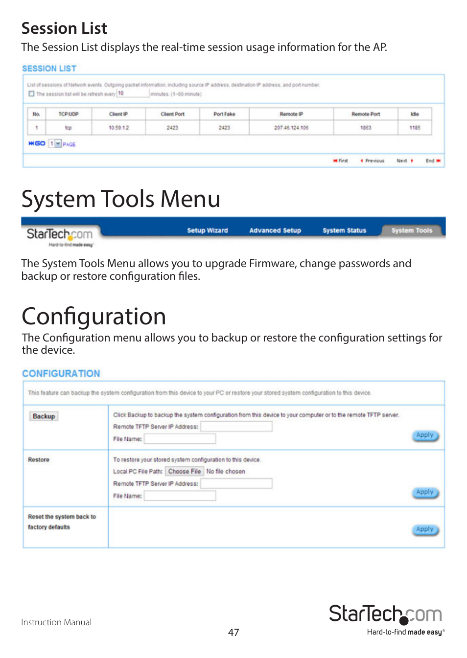 System tools menu, Configuration, Session list | StarTech.com R300WN22GAxx Full User Manual | Page 52 / 61