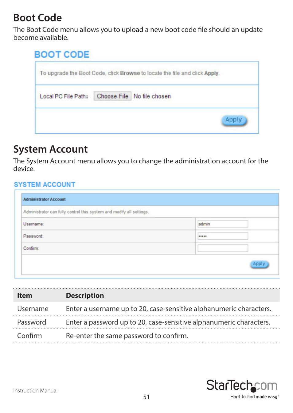 Boot code, System account | StarTech.com R300WN22GAxx Full User Manual | Page 56 / 61