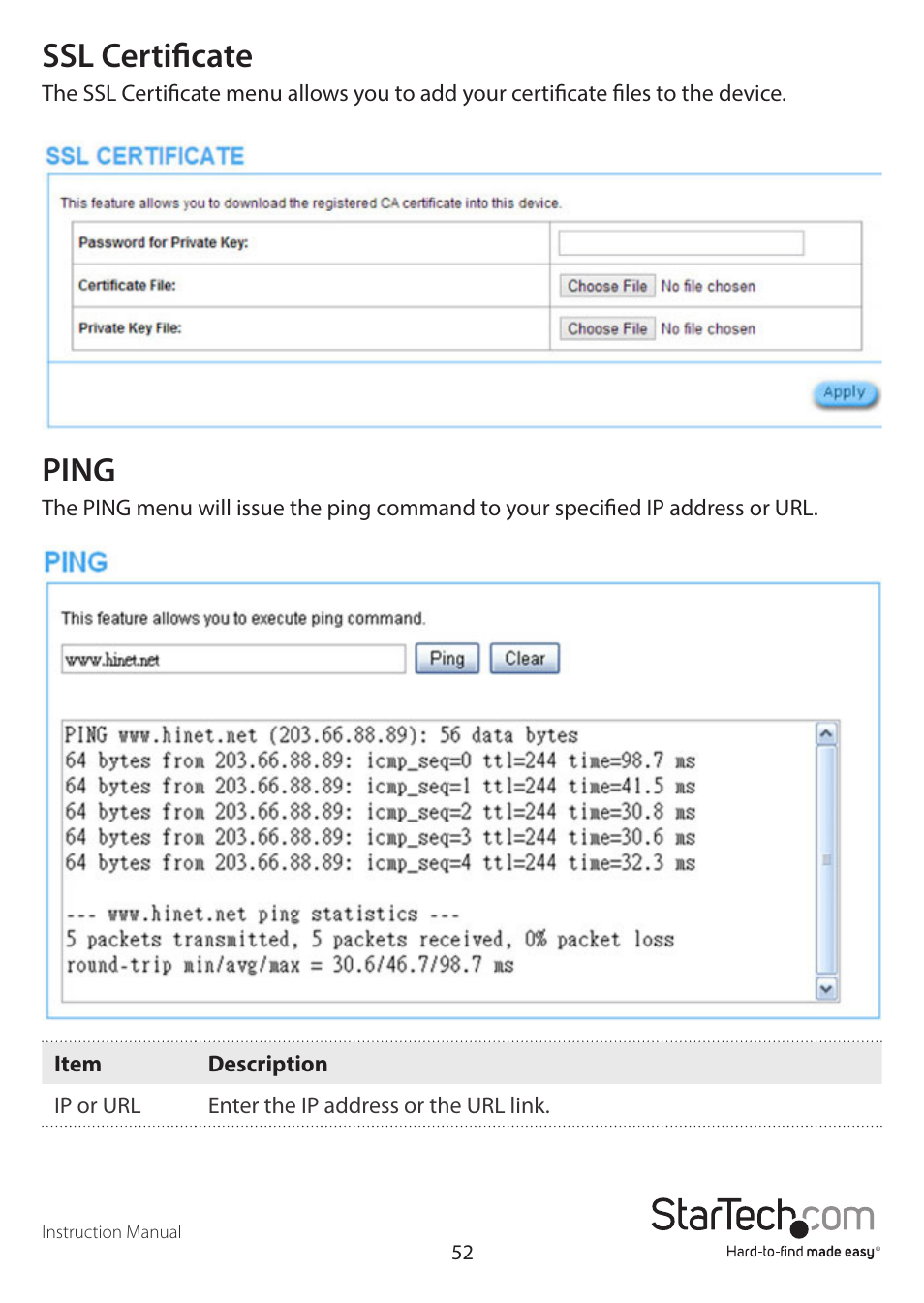 Ssl certificate, Ping | StarTech.com R300WN22GAxx Full User Manual | Page 57 / 61