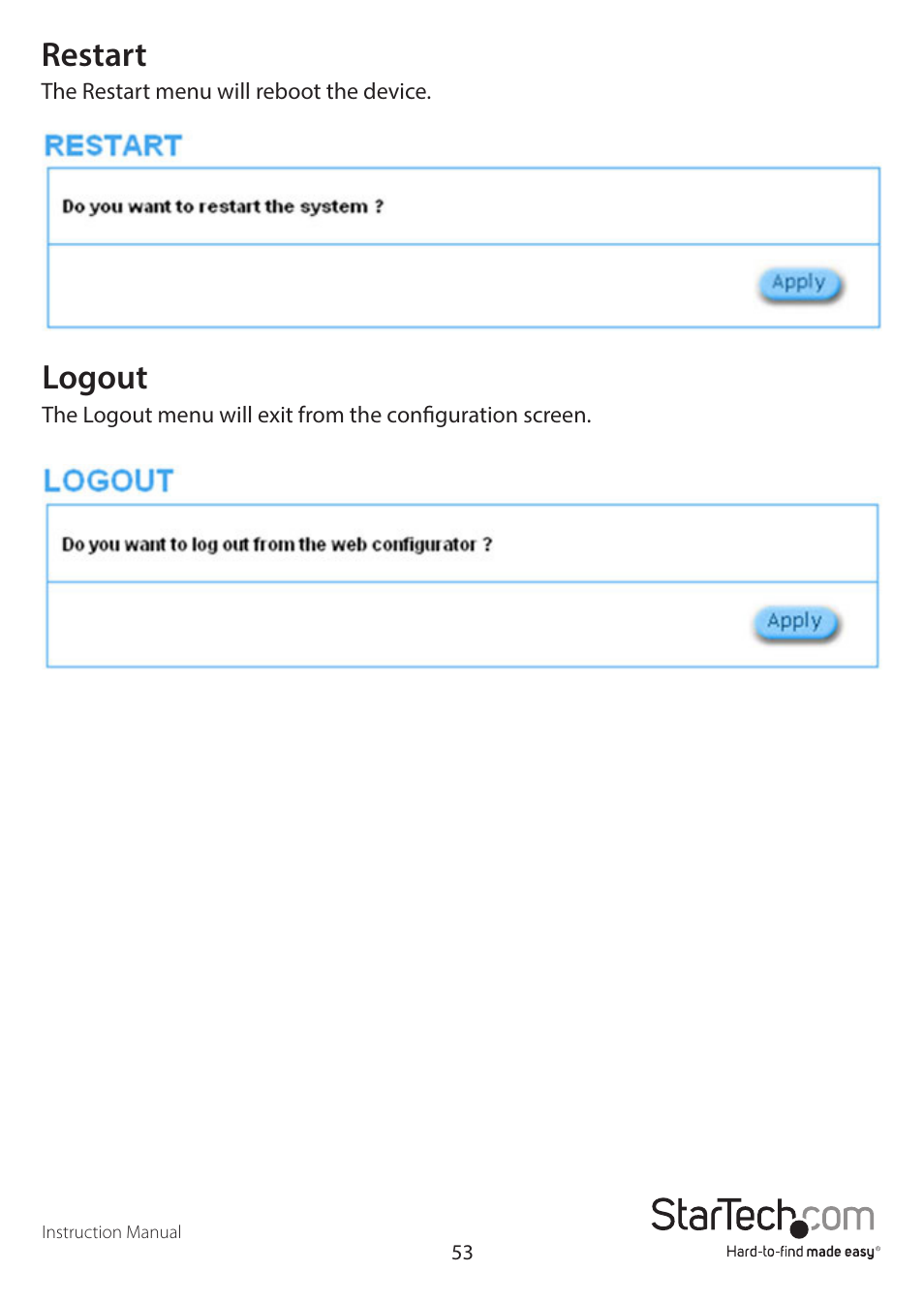 Restart, Logout | StarTech.com R300WN22GAxx Full User Manual | Page 58 / 61