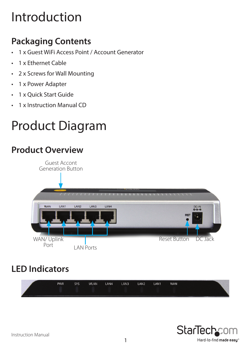 Introduction, Product diagram, Packaging contents | Product overview led indicators | StarTech.com R300WN22GAxx Full User Manual | Page 6 / 61