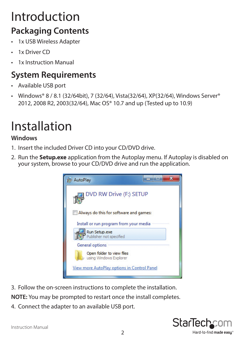 Introduction, Installation, Packaging contents | System requirements | StarTech.com USB433WACDB User Manual | Page 6 / 14