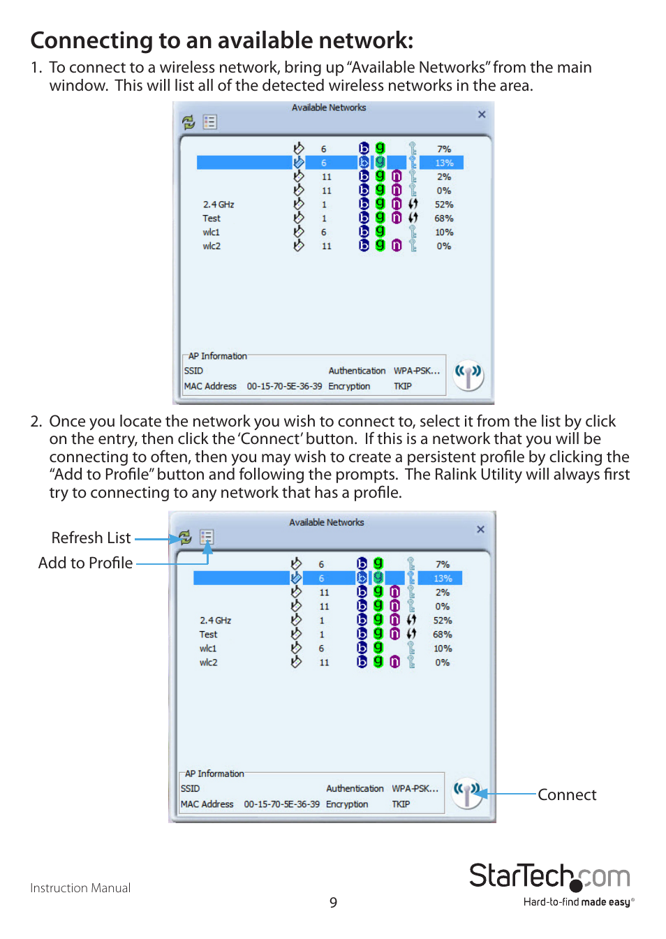 Connecting to an available network | StarTech.com USB300WN2X2D User Manual | Page 12 / 18