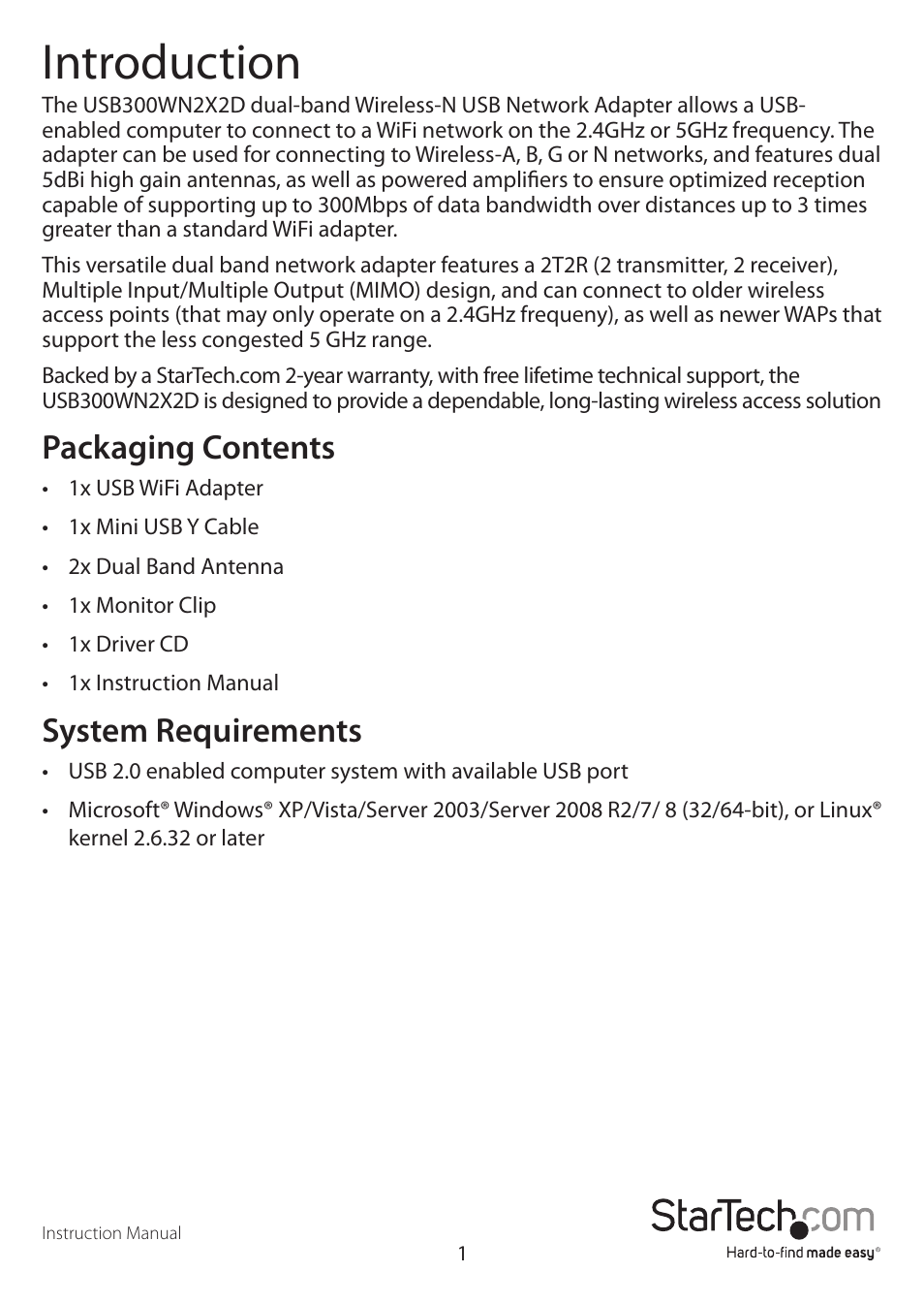 Introduction, Packaging contents, System requirements | StarTech.com USB300WN2X2D User Manual | Page 4 / 18